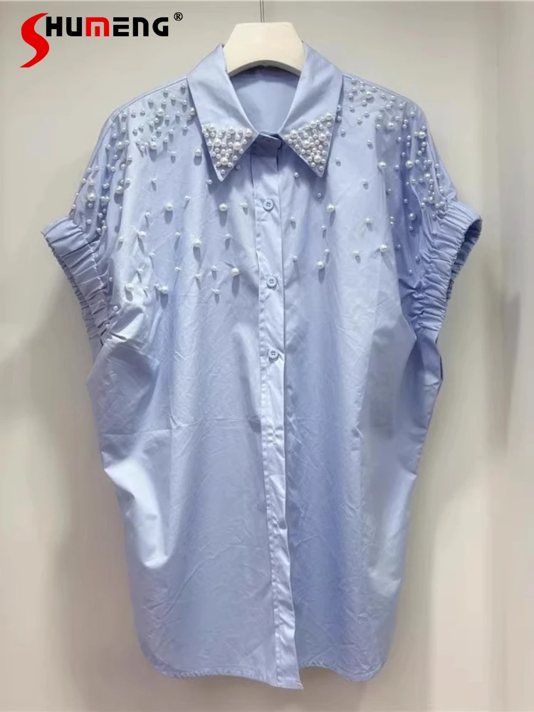 

Women's Short-sleeve Loose Medium Long Shirts 2025 Summer New Chic Shirts Ladies Fashion Temperament Beaded Solid Color Tops