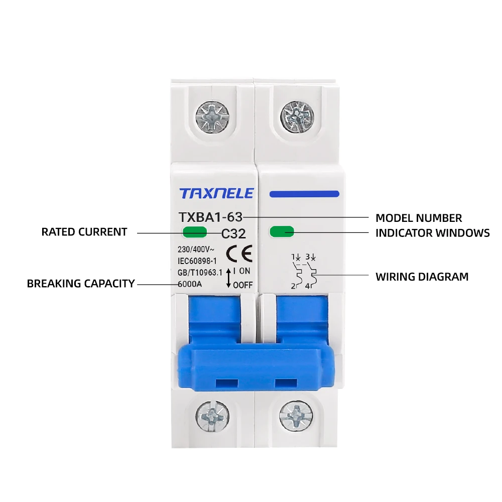 AC MCB 1P 2P 230V 400V 6KA Mini Circuit Breaker Air Switch 6A 10A 16A 20A 32A 40A 50A 63A Overload Short Protect