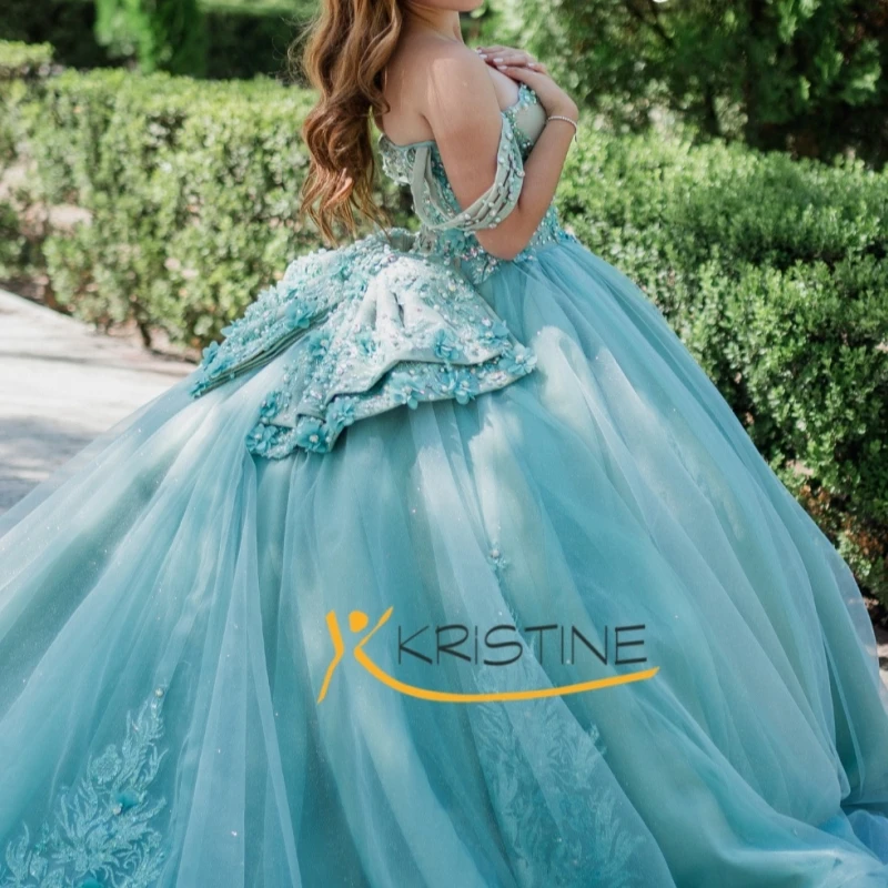 Mint Green Shiny Quinceanera Dresses Off The Shoulder Applique Flower Beading Crystal Bow Tull Party Birthday Sweet 16 Dress