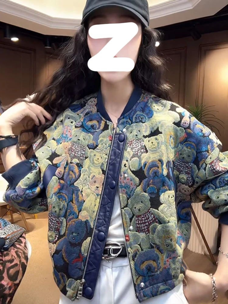 Retro Print ort Baseball Jaet Women's Spring Autumn 2025 New ular Versatile Top Universal Zipper round Ne Long Sve