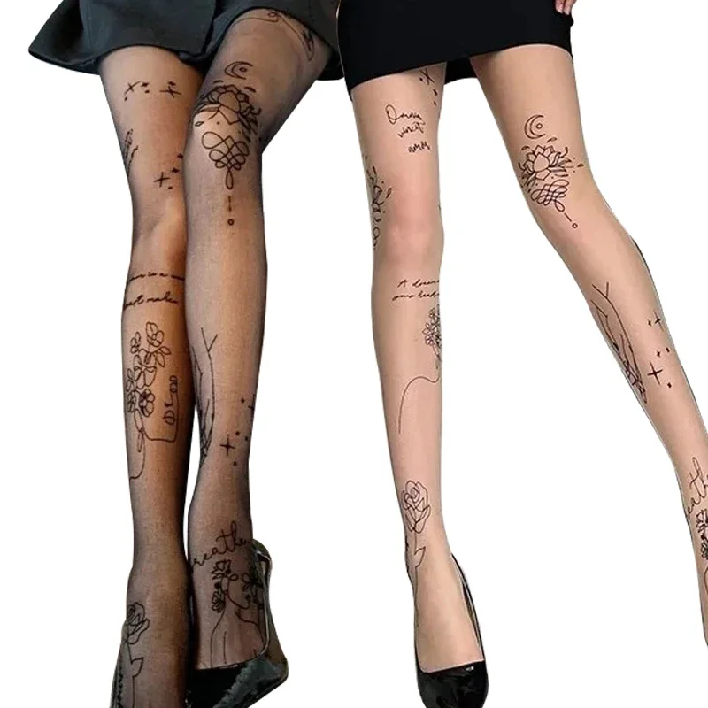 

Women Sexy Tights with Patterned Tattoos Pantyhose Inscriptions Flower Letter Ladies Thin Long Black Stockings