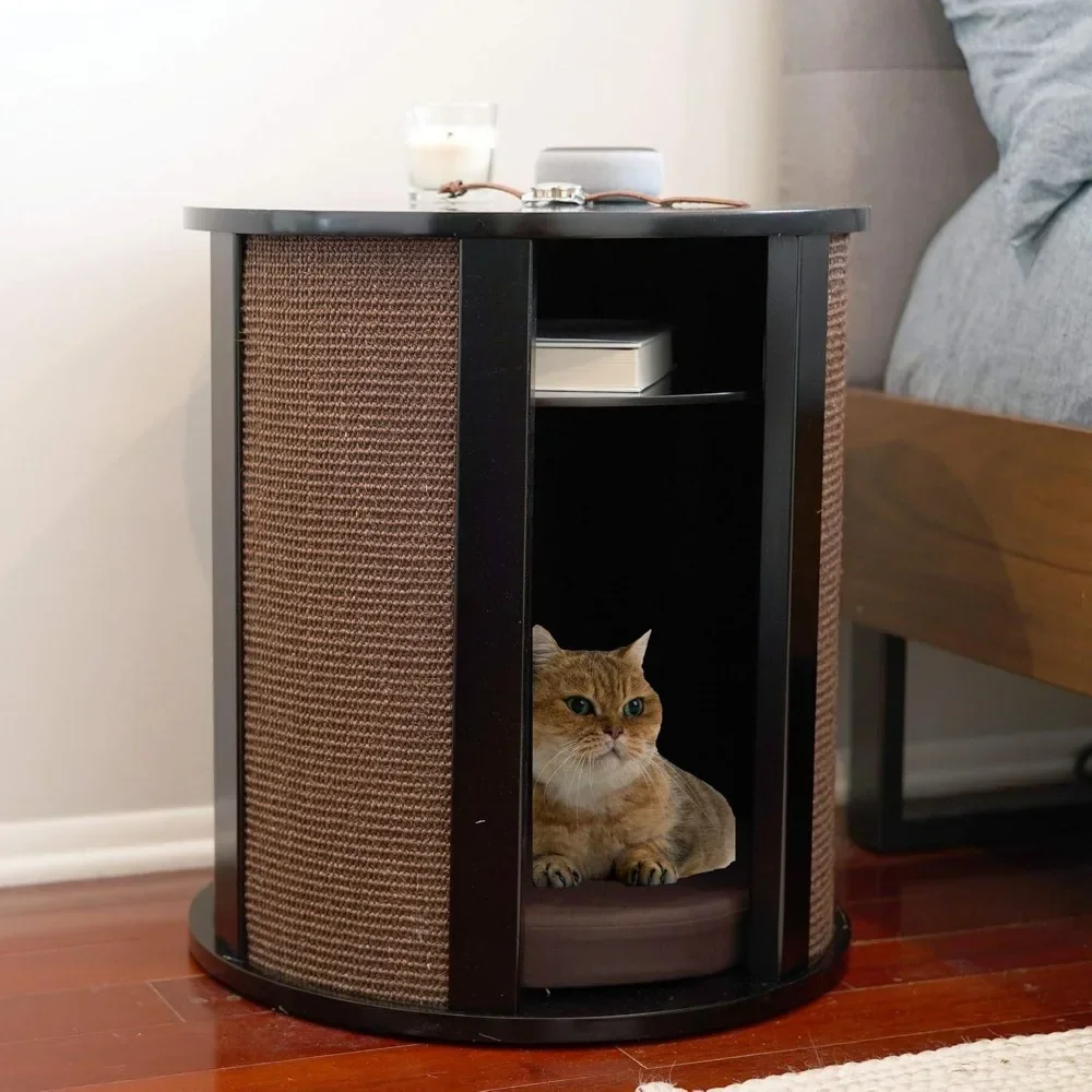 

End Table Cat Bed Cave In Black Espresso, Multipurpose Wood Cat Furniture Nightstand||