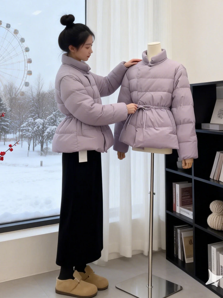 

Winter Faion Thiened Warm High Collar Women's Set Pink Belted Slimming Coat And Skirt Casual Sle Pure Color Adult Size