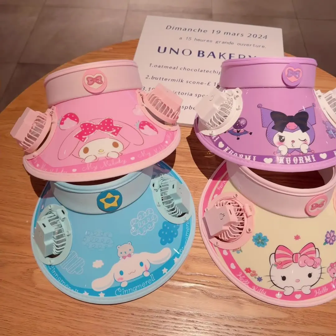 

MINISO Kuromi Melody Kitty Summer Sunscreen Protection Hat With Fan Cartoon Sun Hat Fans for Boys Girls Cute Travel Beach Cap