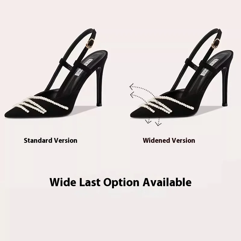 Sandal Hak Rendah Rantai Mutiara Kulit Runcing Baru Musim Semi dan Musim Panas Sepatu Wanita Ukuran Besar Perjamuan Hak Tinggi Tipis