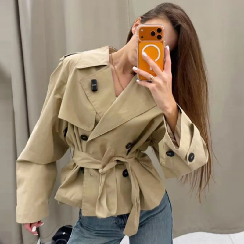 HXAO Crop Khaki-Jacke, Damenjacke, Herbst, Langarm, Schulterpolster, doppelreihig, mit Gürtel, kurzer Trenchcoat, modische Oberbekleidung – Detail 10