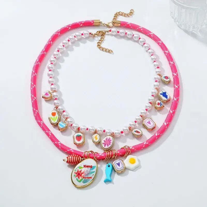 تقليد اللؤلؤ حبة سبيكة الأسماك الصغيرة وزهرة هندسية قلادة طبقة مزدوجة قلادة مجموعة للنساء مجوهرات هدية