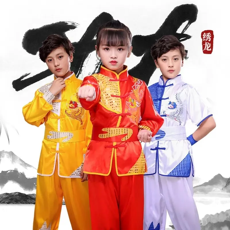 Pakaian tradisional Cina Wushu seragam Tai Chi anak-anak pakaian Kungfu kinerja panggung Tahun Baru atasan Hanfu + celana + kostum bet