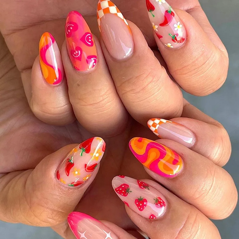 

24Pcs Medium Almond Press-on Nails: Red Chili, Strawberry, Heart & Smiley with Irregular Stripes - Playful Mix & Match