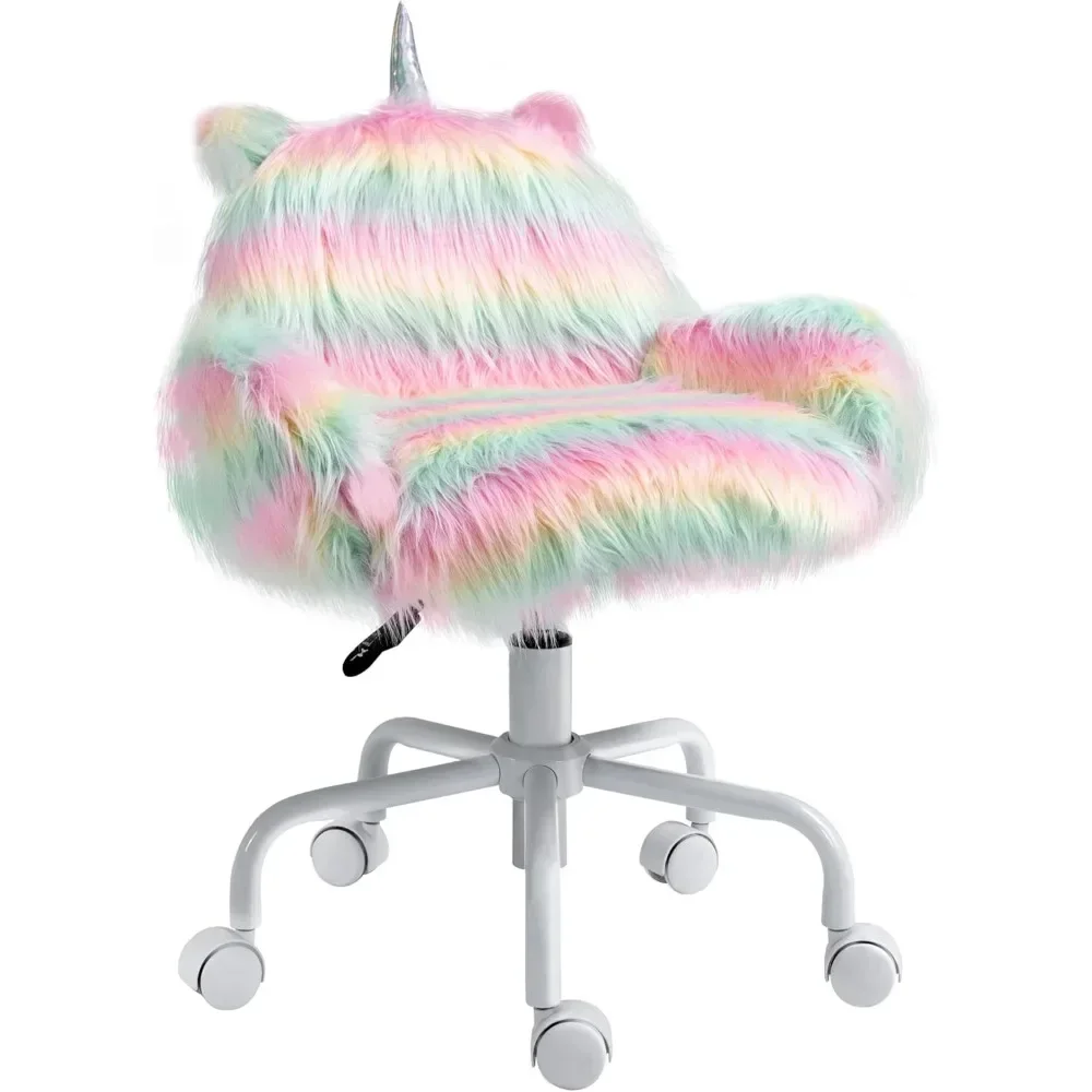 bureaustoel. Fluffy Unicorn-bureaustoel met middenrug en armleuningsteun, 5-sterren draaibaar wiel, witte onderstel, regenboog