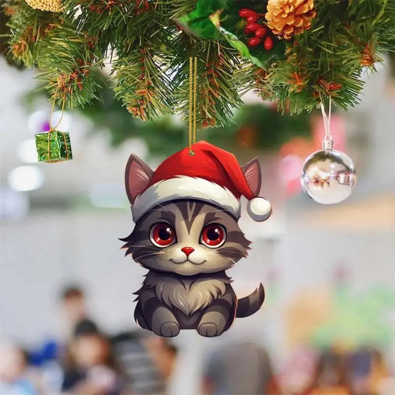 Durable Christmas Ornament Christmas Pendant Adorable Christmas Cat Rearview Mirror Hanging Pendant with Lanyard for Car for Cat