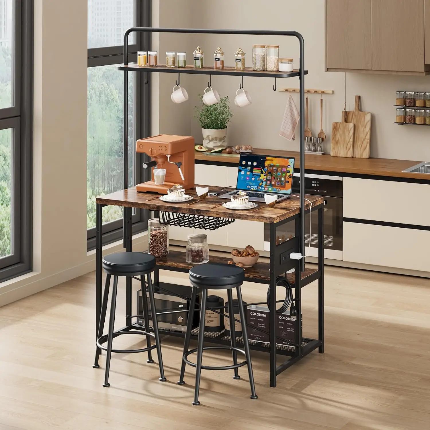 3-Tier Small Kitchen Island with Power Outlet&2 Bar Stools, Vintage