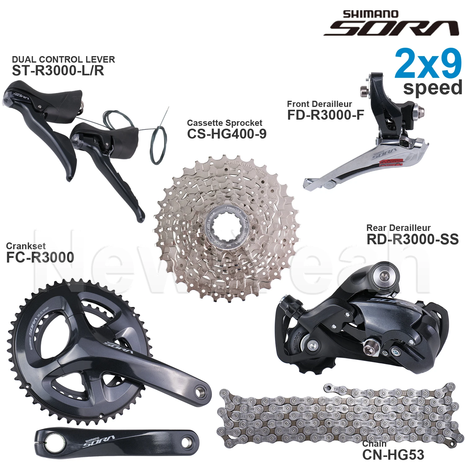 SHIMANO SORA R3000 2x9 Speed Groupset with ST-R3000 FD-R3000 RD-R3000 CS-HG400-9 Cassette Sprocket Chain FC-R3000 Original