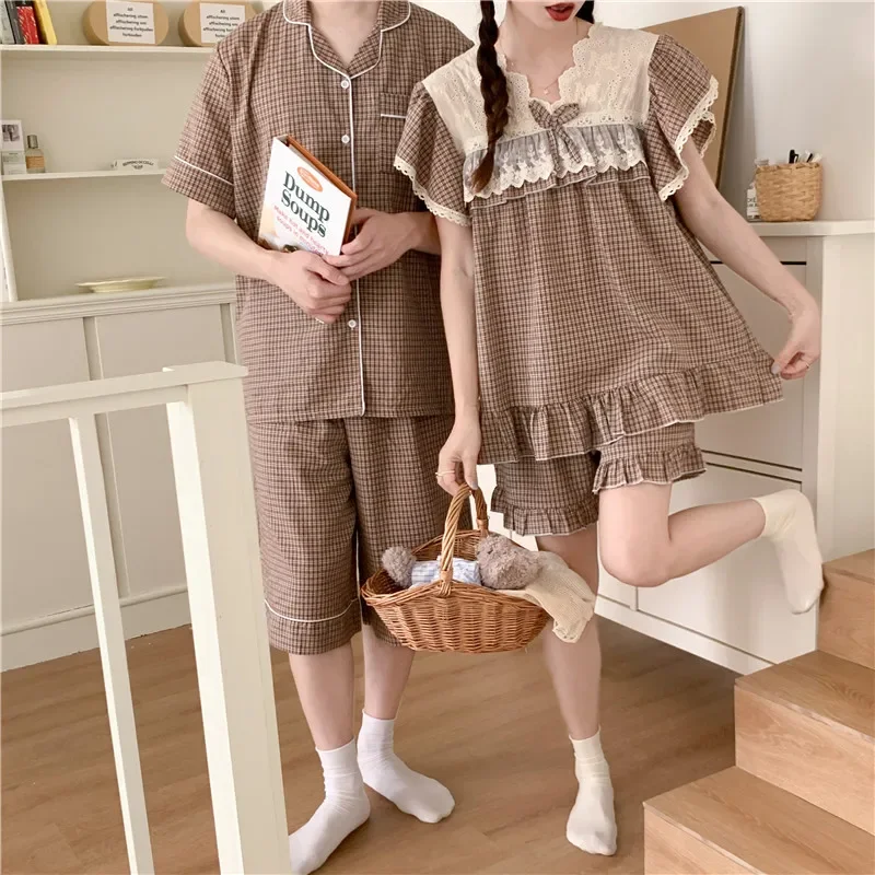 Women Men Sleepwear Home Suit Couple Pajama Set Lace Embroidery Princess Loose Plaid Homewear Shorts Pyjamas Cute Out Wear S170