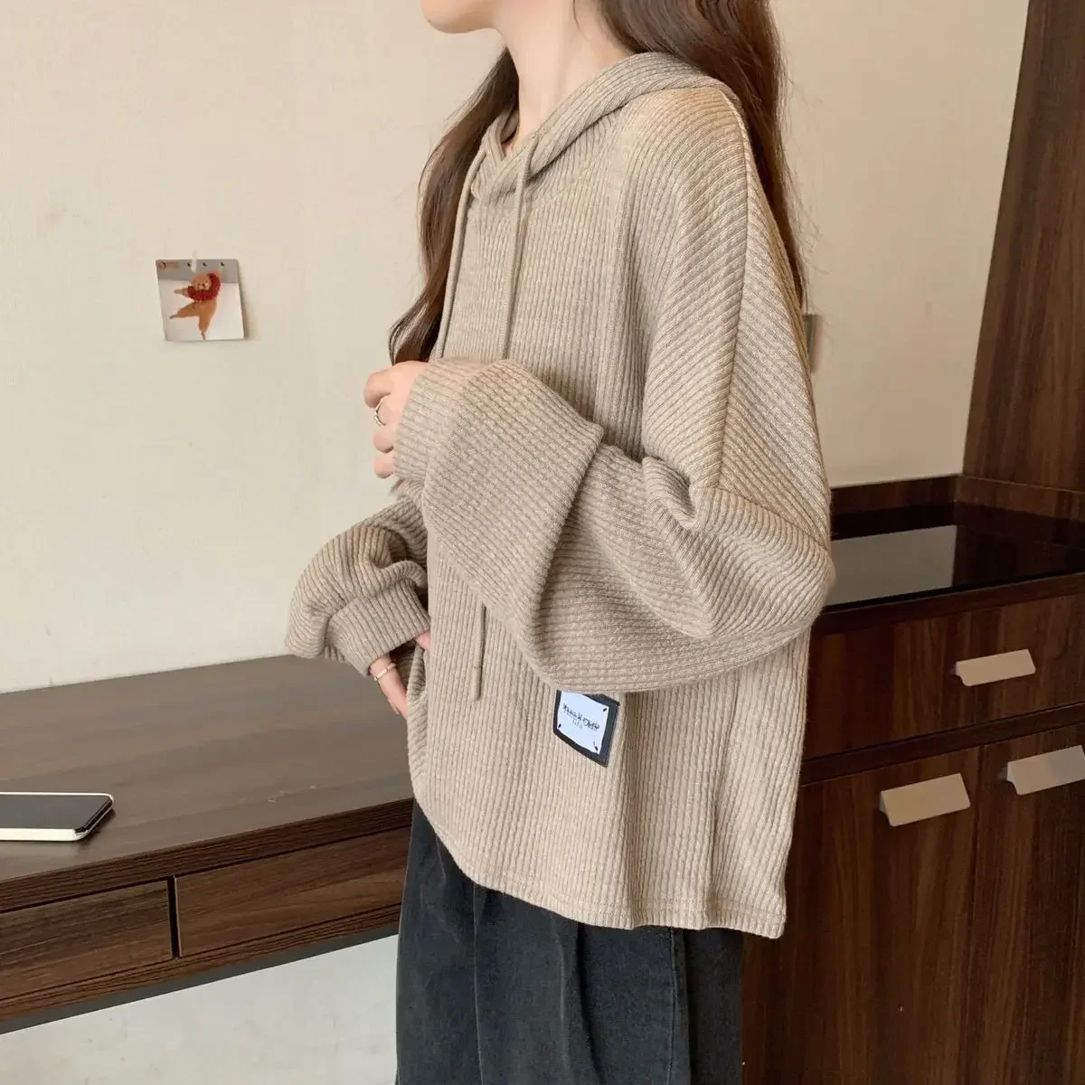 Hooded Long Sleeved T-shirt for Women in Autumn and Winter Loose and Slimming Style Layered Underneath Oversized Upper Garment