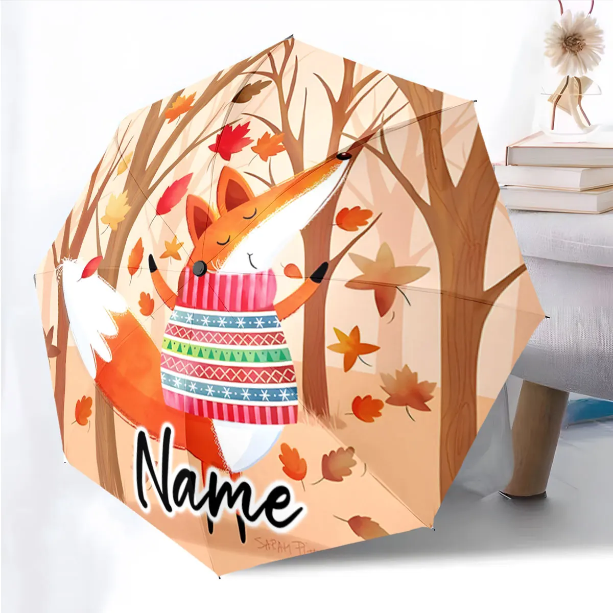 Custom Name Umbrella Fox in a Cozy Forest Scene Umbrella Print 8 Iron Ribs Folding Umbrella Auto-Open Fashion Sunshade