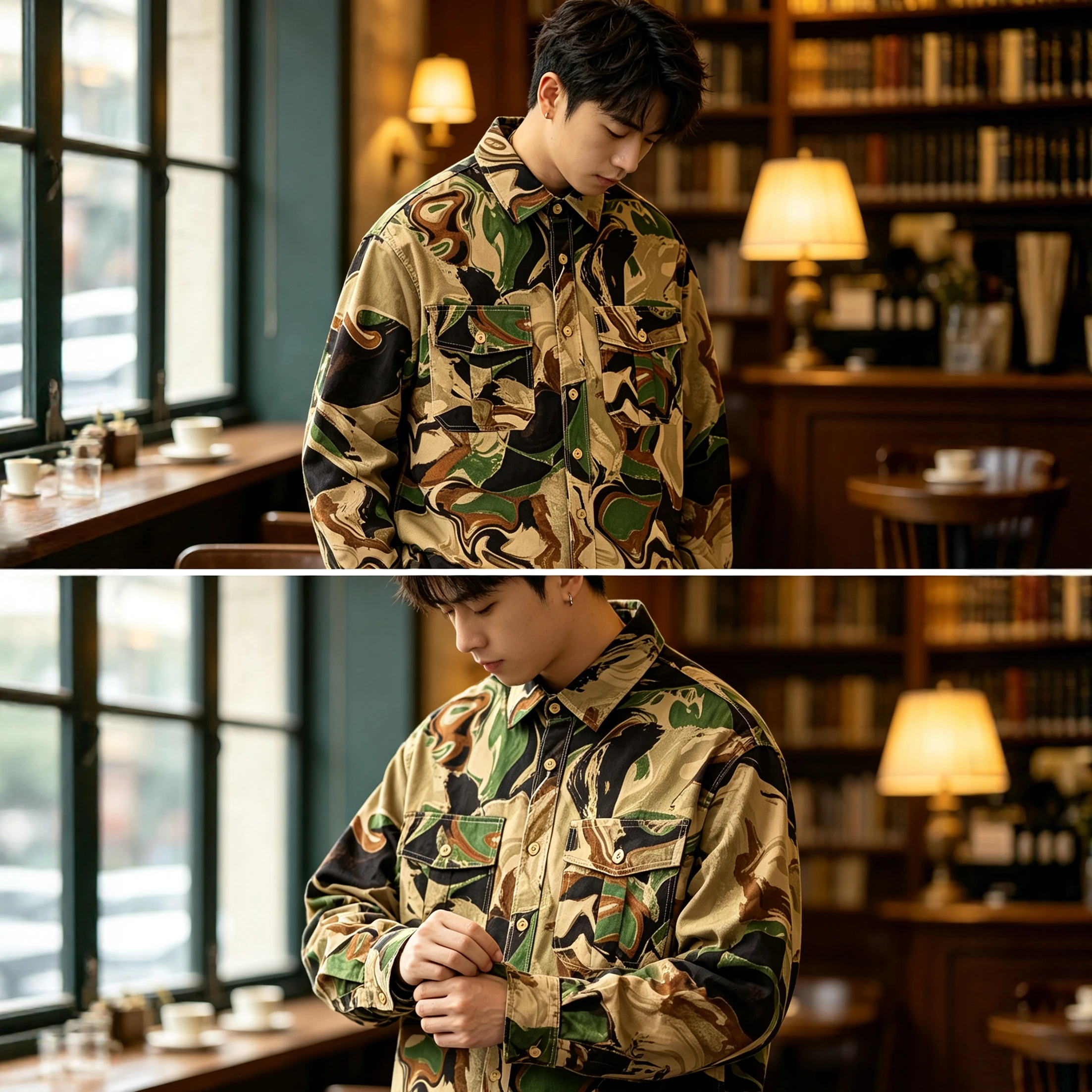 Pure Cotton Washed Plaid Camouflage Shirt Men's Loose Long Sleeve Retro Art Casual Shirt Trendy Workwear Street Style