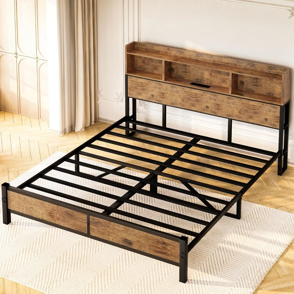 

Queen Size Bed Frame with Storage Headboard, Wood Queen Platform Bed Frame with Charging Station, Solid and Stable,Noise Free