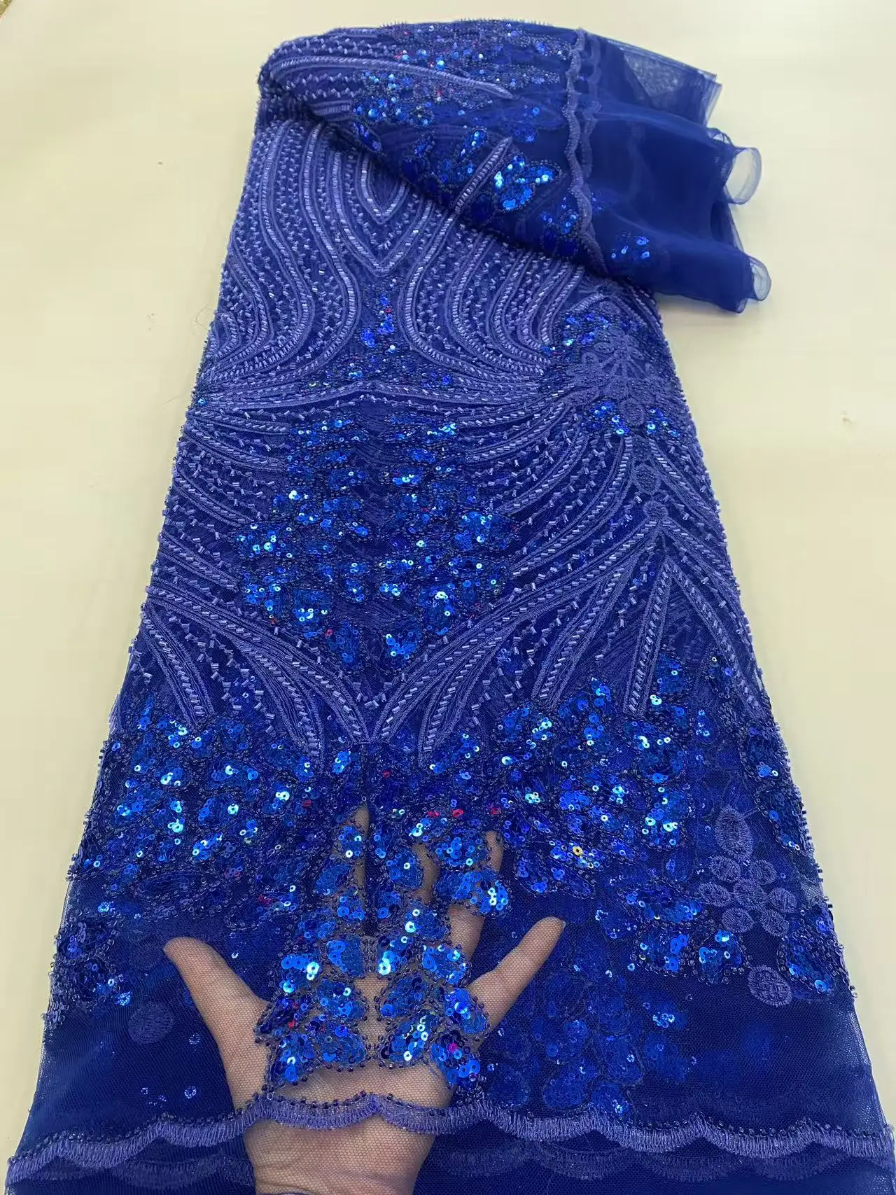 

Нигерийская кружевная ткань 2026: Высококачественная ткань ручной работы с бисером и пайетками, королевский синий цвет, 5 ярдов, для свадебных платьев, M286-1