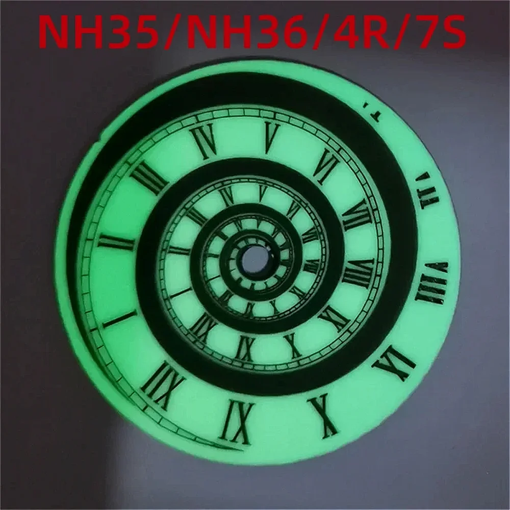 

28.5MM Dial for NH35 Full Green Luminous Roman Scale Spiral Pattern Modified Watch Dials for NH36/4R/7S Movement Watches Parts