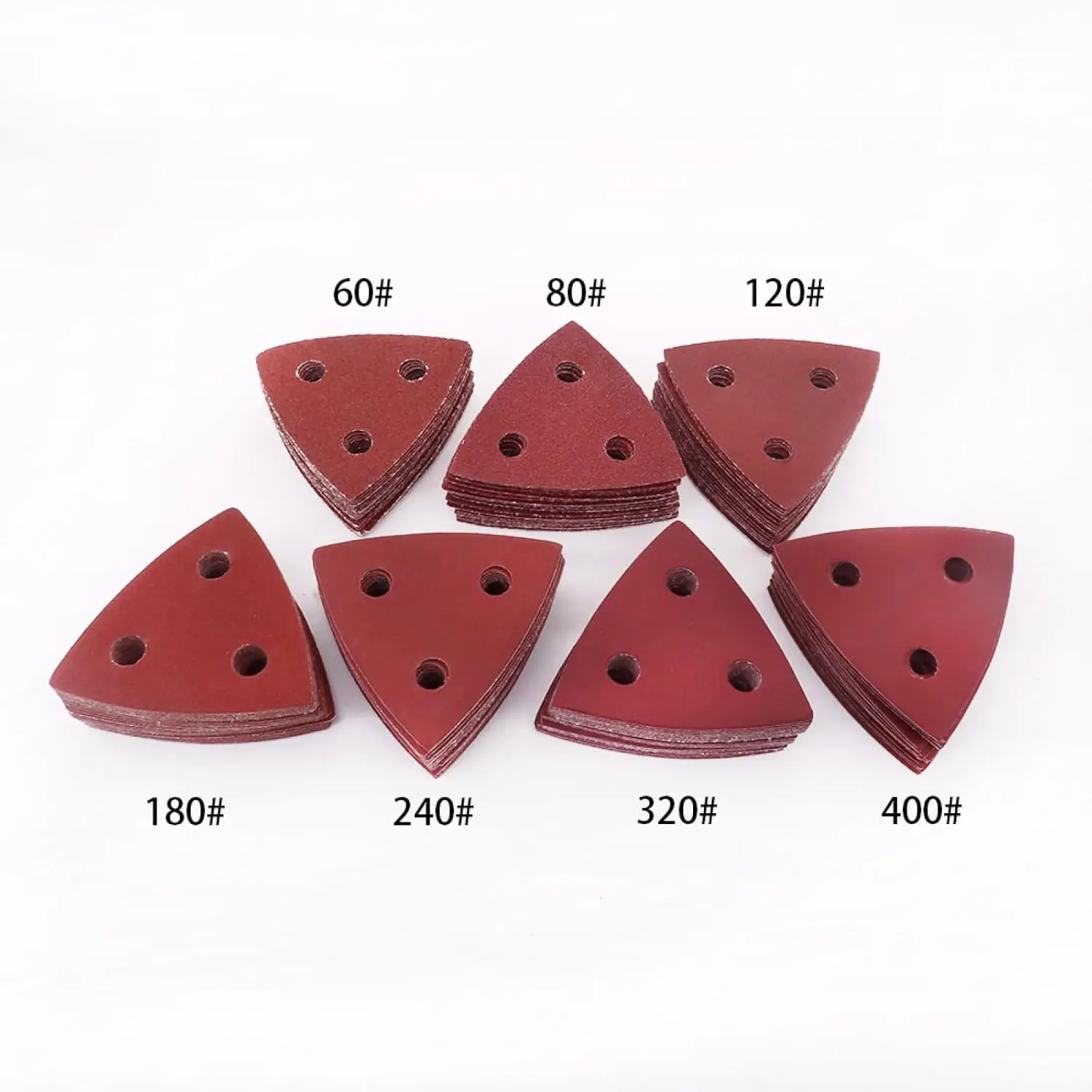 100Pcs Hook and Loop Triangular Sandpaper 3 Holes Assorted 40-400Grit Sanding Discs Fit 3-1/8