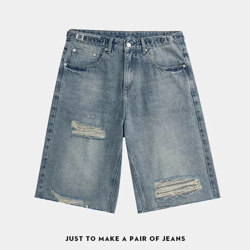 

retro ripped five-point denim shorts for men's summer Instagram new style, loose and slimming high street design wide-leg mid-le