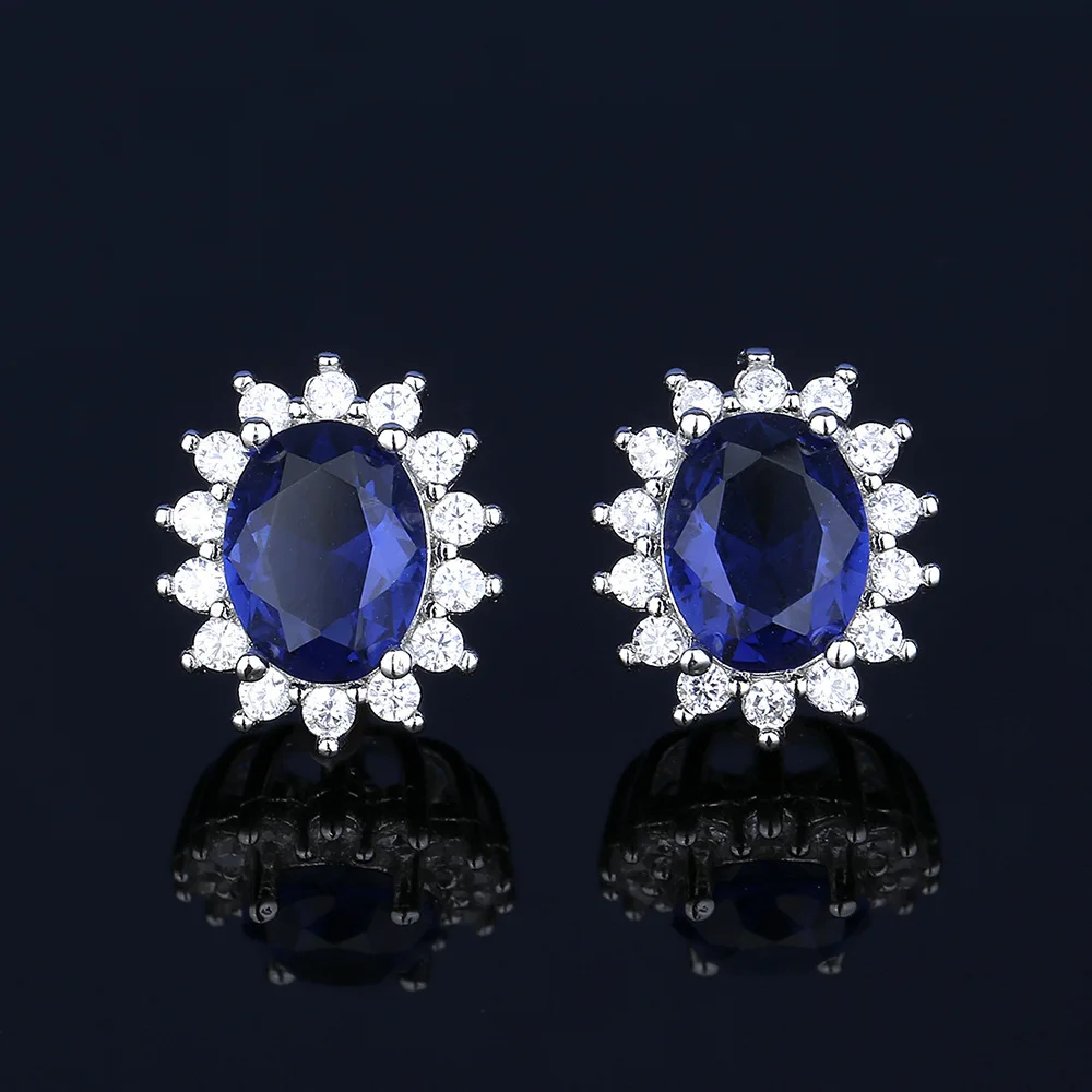 Luxury Blue Jewelry Set for Women 925 Sterling Silver Oval Cut CZ Necklace Earrings Ring Set Wedding Bridal Jewelry Gift