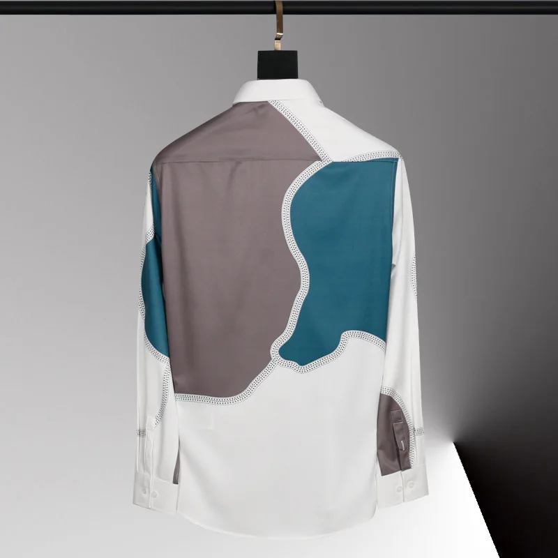 Brand Fashion Splicing Long Sleeved Shirt Men Silk Blend Casual Business Social Shirt Party Banquet Celebrity Stage Dress Shirts