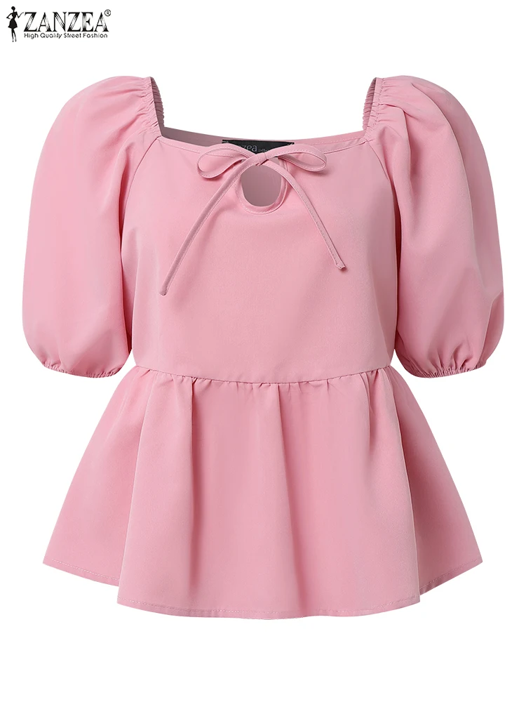 

ZANZEA Elegant Lace-up Summer Blouse Women Puff Sleeve Tunic 2025 Fashion Tops Casual Square Collar Solid Ruffled Vintage Shirts