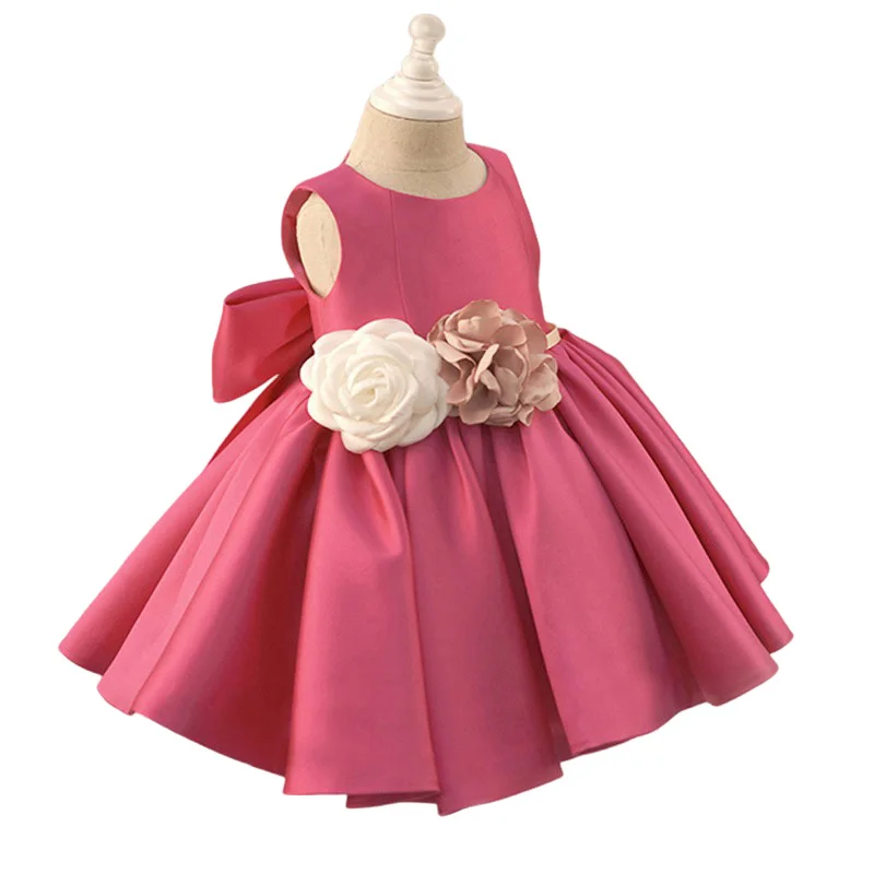 

Watermelon Red Toddler Satin Flower Girls Dress for Wedding Birthday Party Christmas Ceremony Dress With Bow for 1-14Y Kids