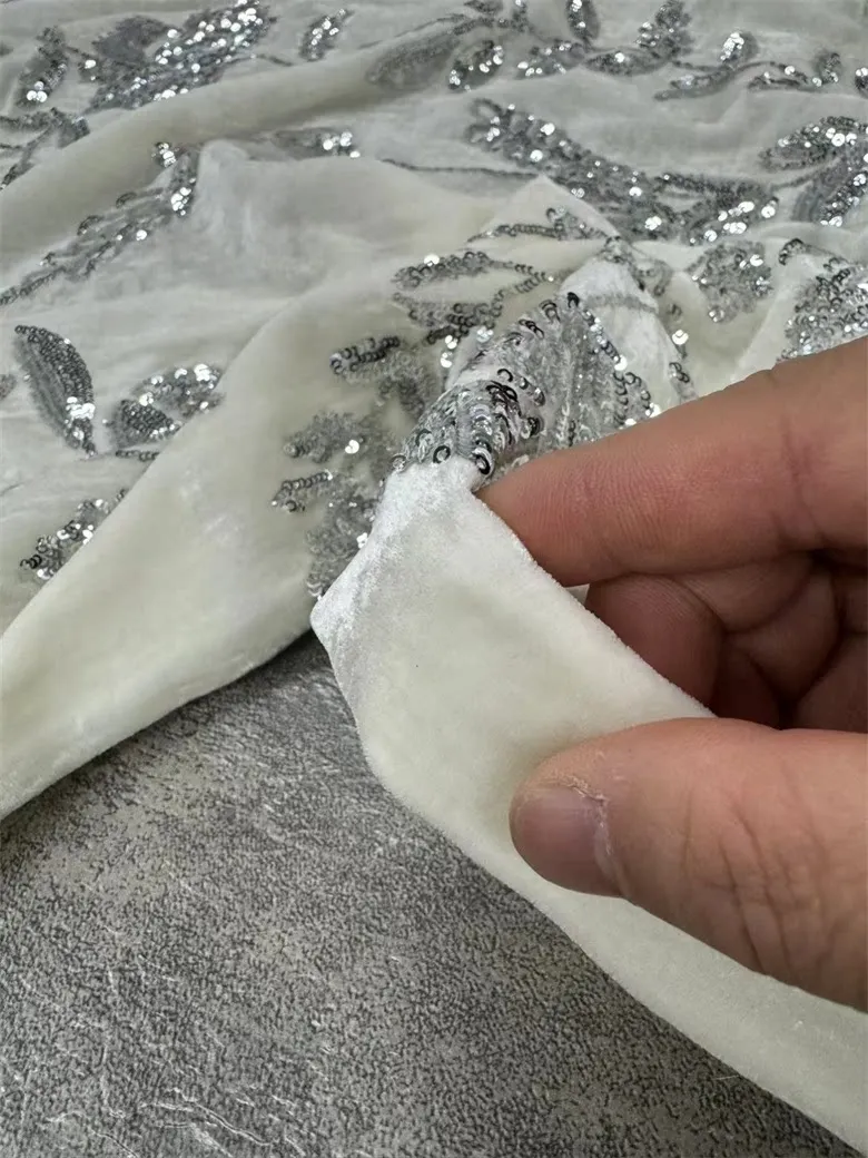Autumn and Winter New White Bottom Silk Velvet Machine Embroidery Fabric Sequin Embroider National Style Top Vest Fabric