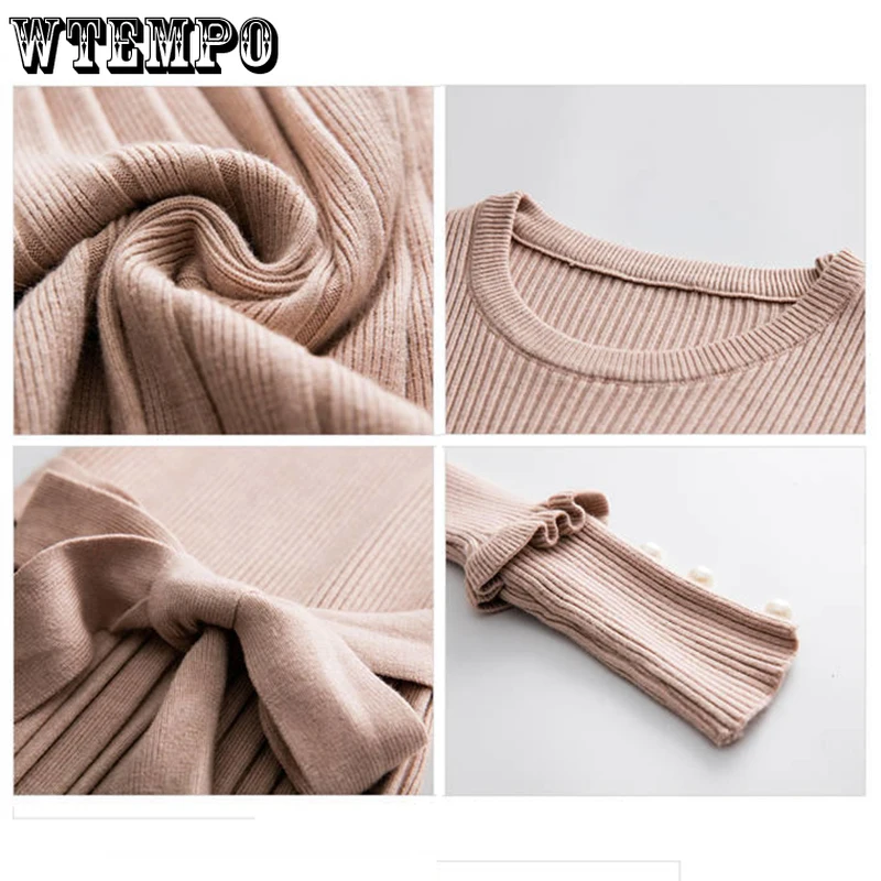 WTEMPO, moda coreana, vestido suéter ajustado con cuello redondo, vestidos largos de punto plisados de manga larga con cinturón elegante para mujer