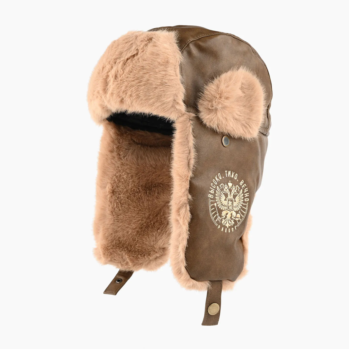 PU Leather Ushanka Trapper Hat for Men Women Thick Plush Faux Fur Lined Earflap Hat Winter Emblem Print Windproof Thermal