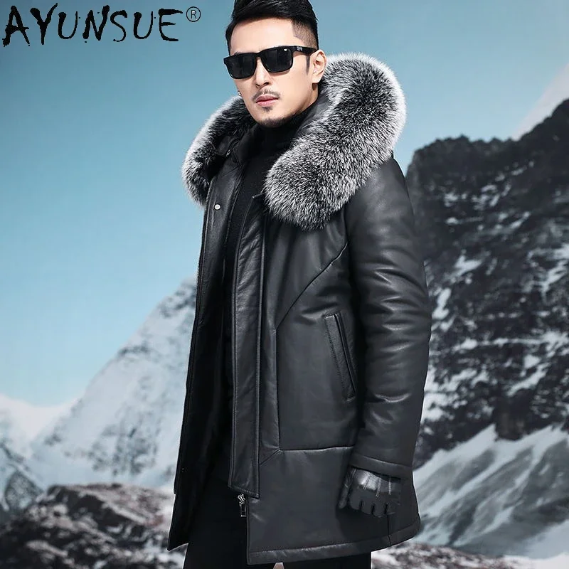 

AYUNSUE Real Cow Leather Coat Men Leather Jackets 2023 New Winter Warm Down Coat Hooded Fox Fur Collar Genuine Cowhide Jacket