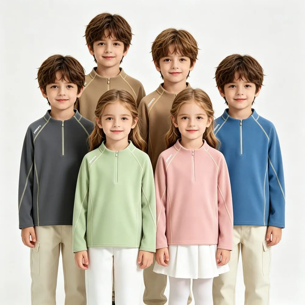 Autumn Boys Girls Half‑Zip Outdoor Functional Top Solid Stretch Breathable Base Layer Tee Kids Outer‑Wear Hiking Sports Pullover