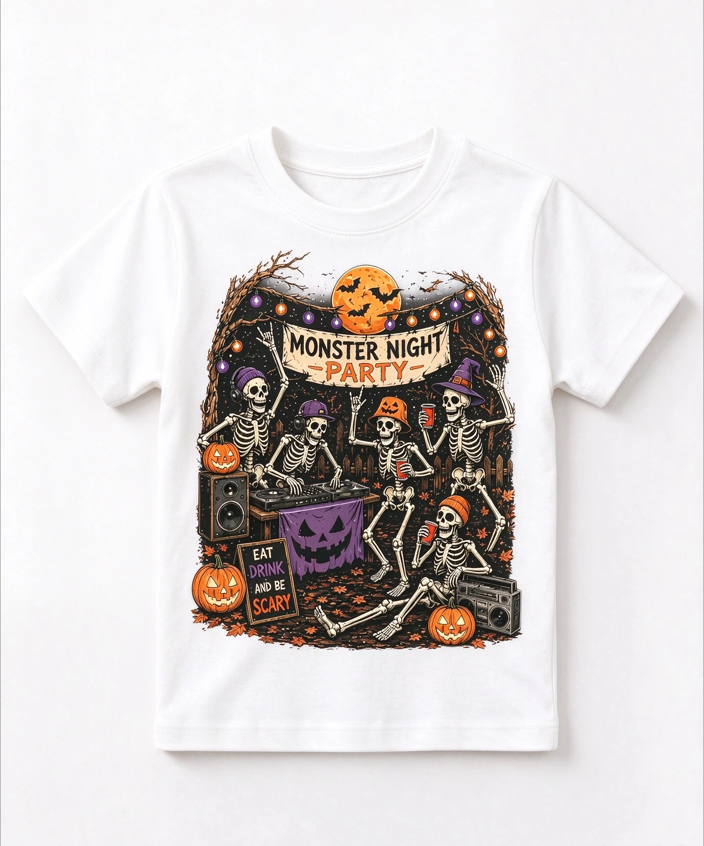 Halloween Kids Graphic Tee Skeleton Monster Night Party Print Boys Girls Casual Top
