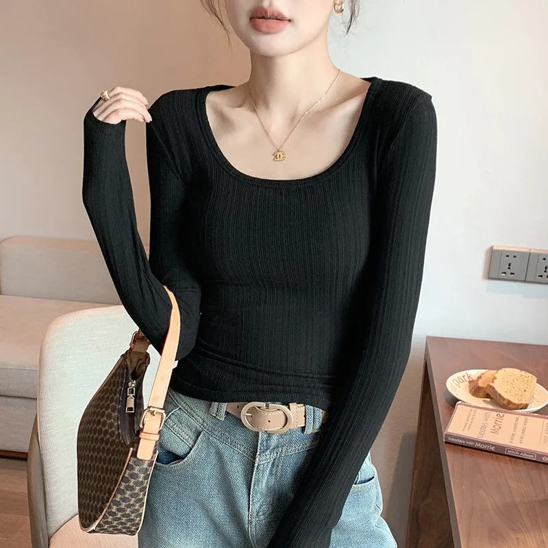 Women's Round-Neck Stretchy Soft Long-Sleeve T-Shirt Slim-Fit Breathable Versatile.