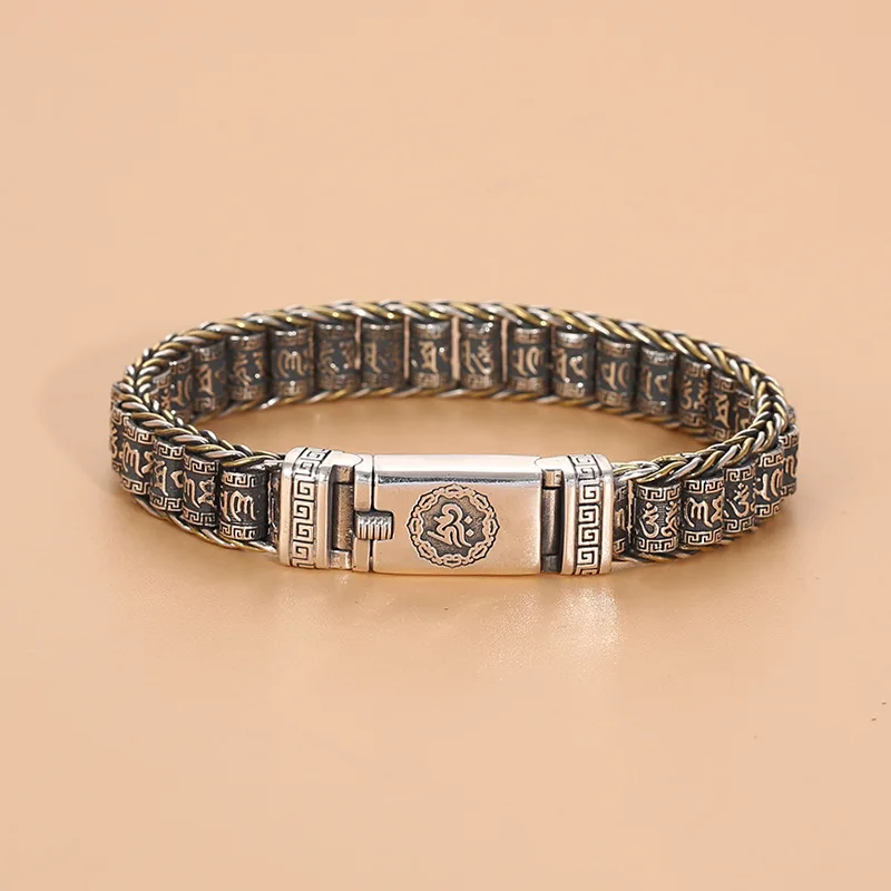 

S925 silver six-character mantra warp barrel national trend style bracelet hand-woven retro thai silver jewelry