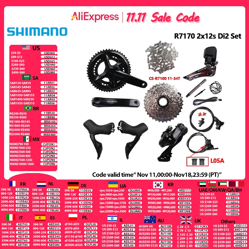 Shimano R7170 R7100 2x12S Di2 Road Group M7100 Chain R7150 Rear Derailleur R7100 Cassette 11-34T/11-36T 170MM 172.5MM 175MM