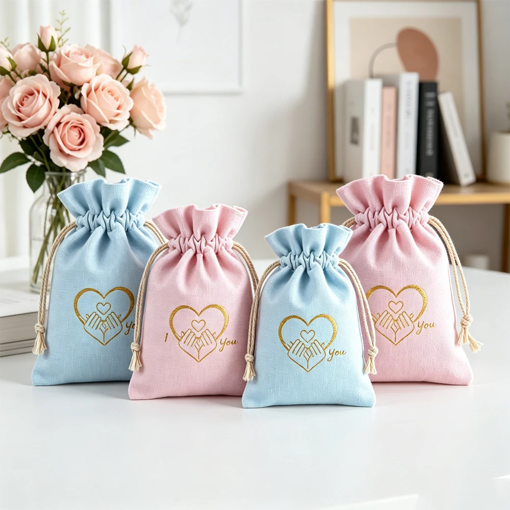 50Pcs Reusable Custom Cotton Drawstring Bags for Jewelry Custom Logo Muslin Canvas Earrings Rings Brooch Key Gift Packaging Bag