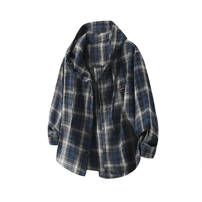 Autumn Heavy Fabric Men's Vintage Long Sleeve Shirt Streetwear Fashion Campus Boys Girls Loose Casual Oversize Hooded Shirts