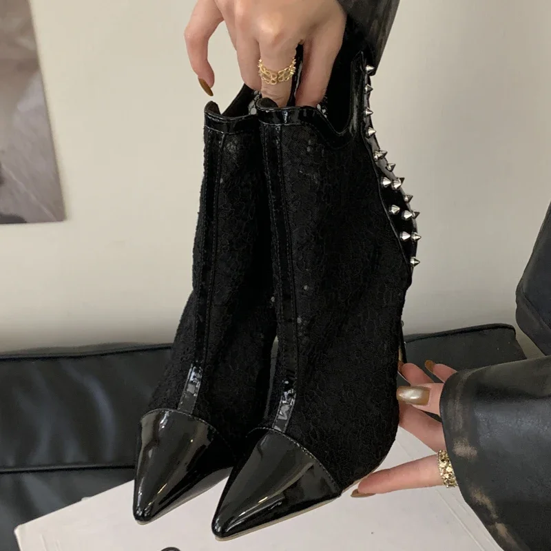 Aneikeh الصيف مثير رقيقة عالية الكعب حذاء من الجلد الصنادل تصميم برشام شبكة زهرة أشار تو المرأة موضة متجرد أحذية الحفلة الراقصة