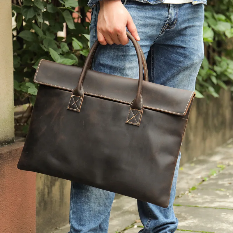 Men's Genuine Handbag Business Casual Briefcase Crazy Horse Leather Men's Computer Bag File Storage Official Bag Top-handle Bags