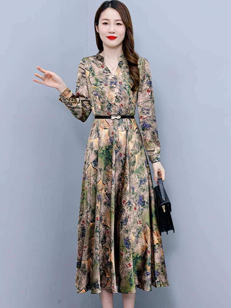 Vintage Floral Satin Casual Long Dress Autumn Winter Women Elegant Luxury Party Vestidos 2024 Bodycon Chic Prom Night Midi Dress