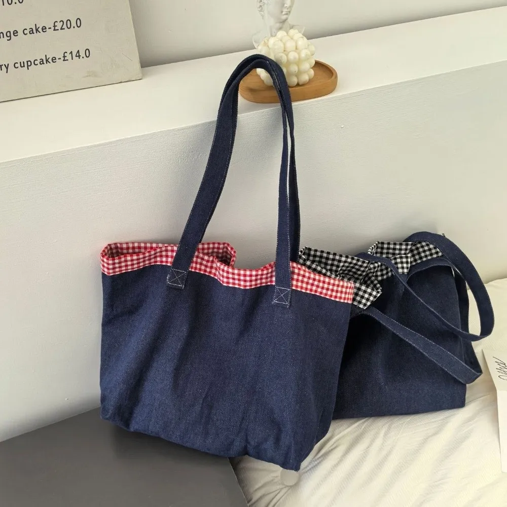 

Creative Cloth Denim Handbag Grid Korean Style Shoulder Bag Large Capacity Blue Canvas Tote Bag Travel