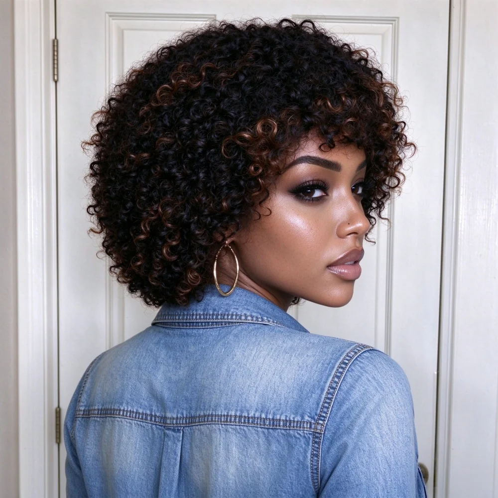 Kinky Curly Human Hair Short Wig Full Machine Made, Voluminous Afro Coily Wig With Bangs, Adjustable Cap Comfortable Wear Natura