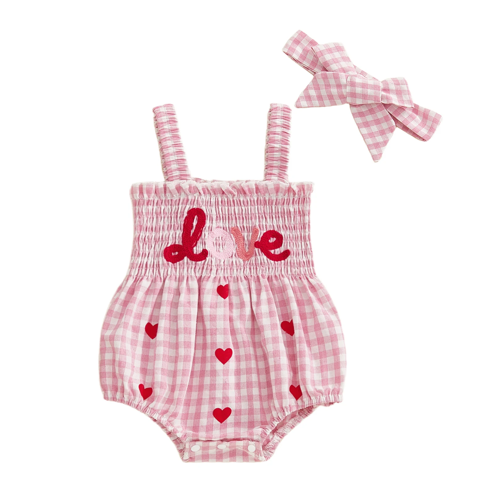 Valentine's Day Baby Girls 2 Piece Outfits Sleeveless Square Collar Letter Embroidery Plaid Jumpsuit with Headband