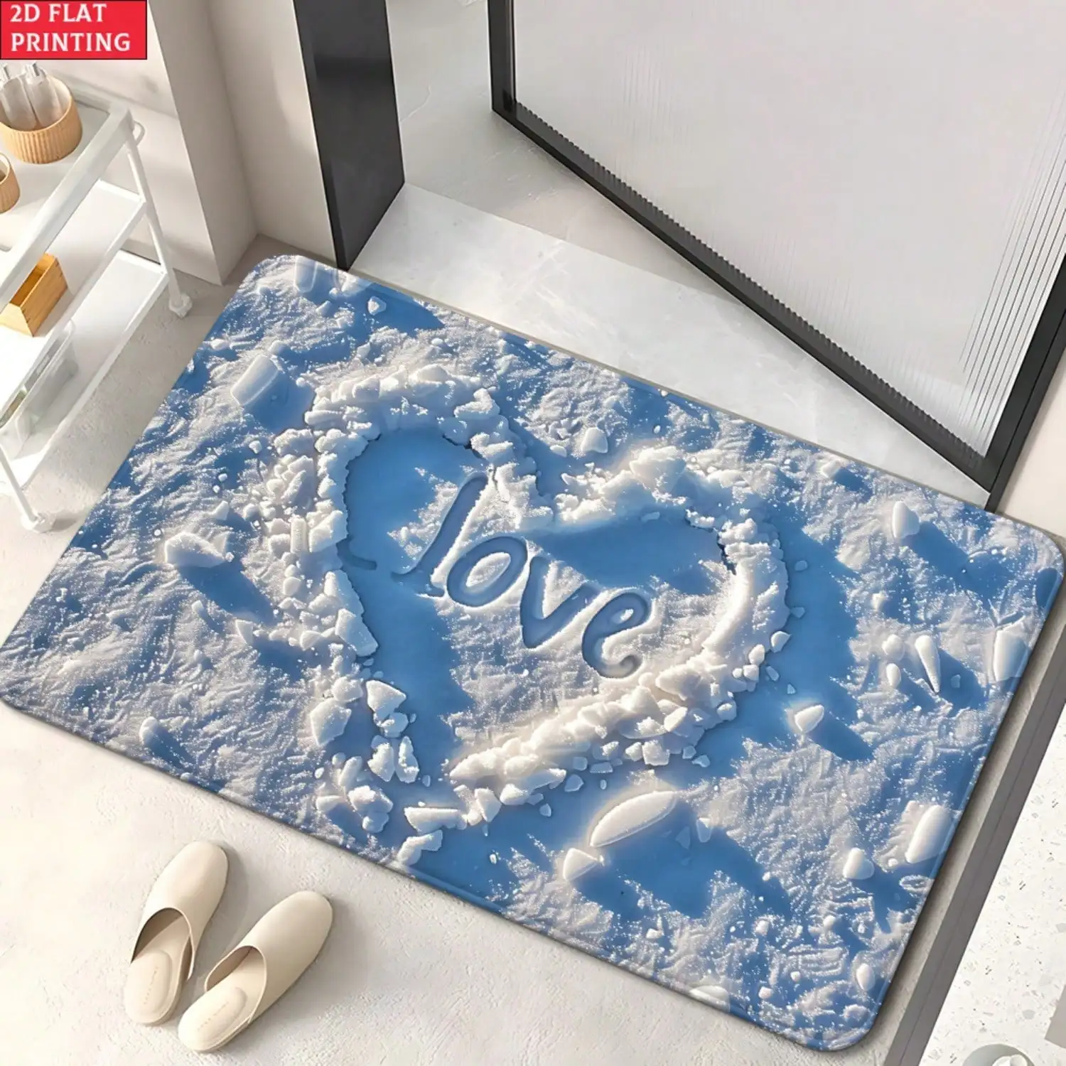 2d Flat 1pc Snow Love DoorMats , Non-Slip Bathroom Floor Mat, Microfiber Absorbent Machine Washable Polyester Rug For Bedroom, Living Room Entrance, Camping