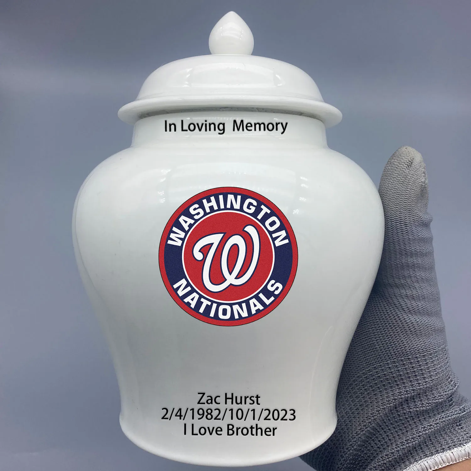 

Medium Urn for Washington Nationals-baseball themed Custom.Send me the name/date you want to appear on the urn by Remark Message