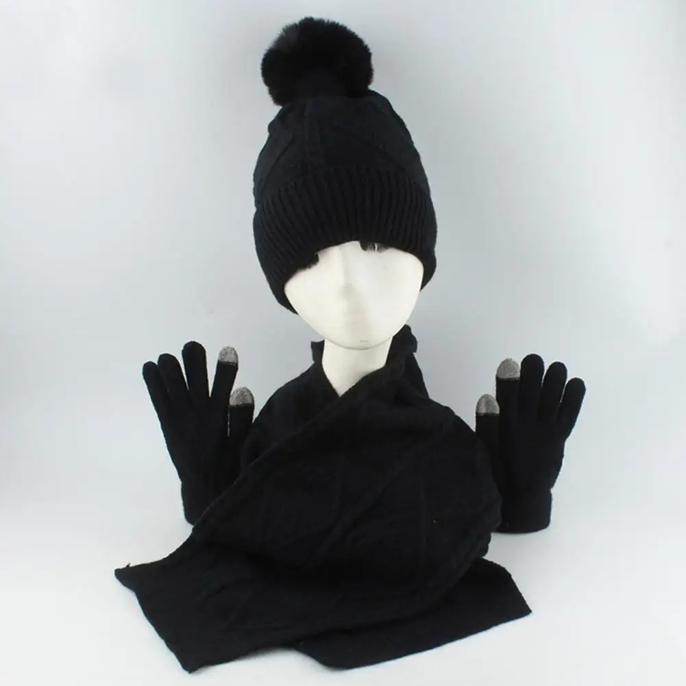 

Hat Scarf Gloves Set Women's Winter Accessories Set Plush Ball Decor Hat Rhombus Texture Scarf Touch Screen Gloves 3 for Women